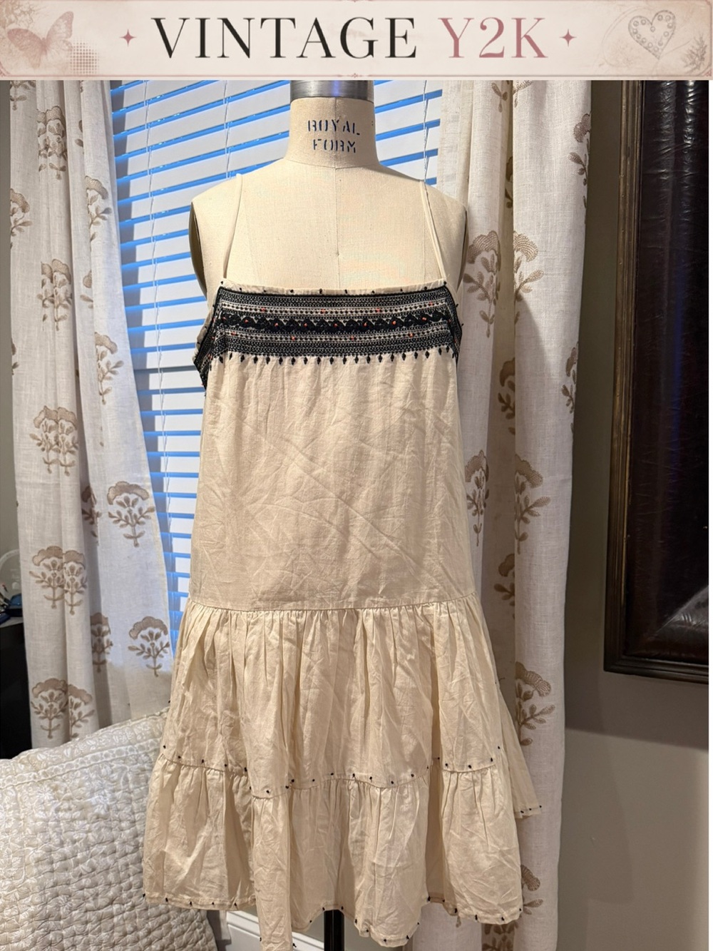 J. Crew Cream Mini Dress with Black /Coral Embroidered Yoke
